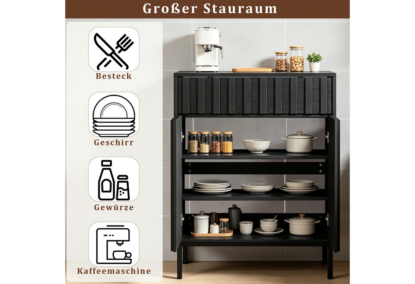 UEV Sideboard mit Schublade & 2Türen, Küchenschrank Kaffeebar Schrank 70x37x88,5cm (Schrank mit Kippschutz), Moderner & griffloser Aufbewahrungsschrank Kommode  – Bild 4 von 5