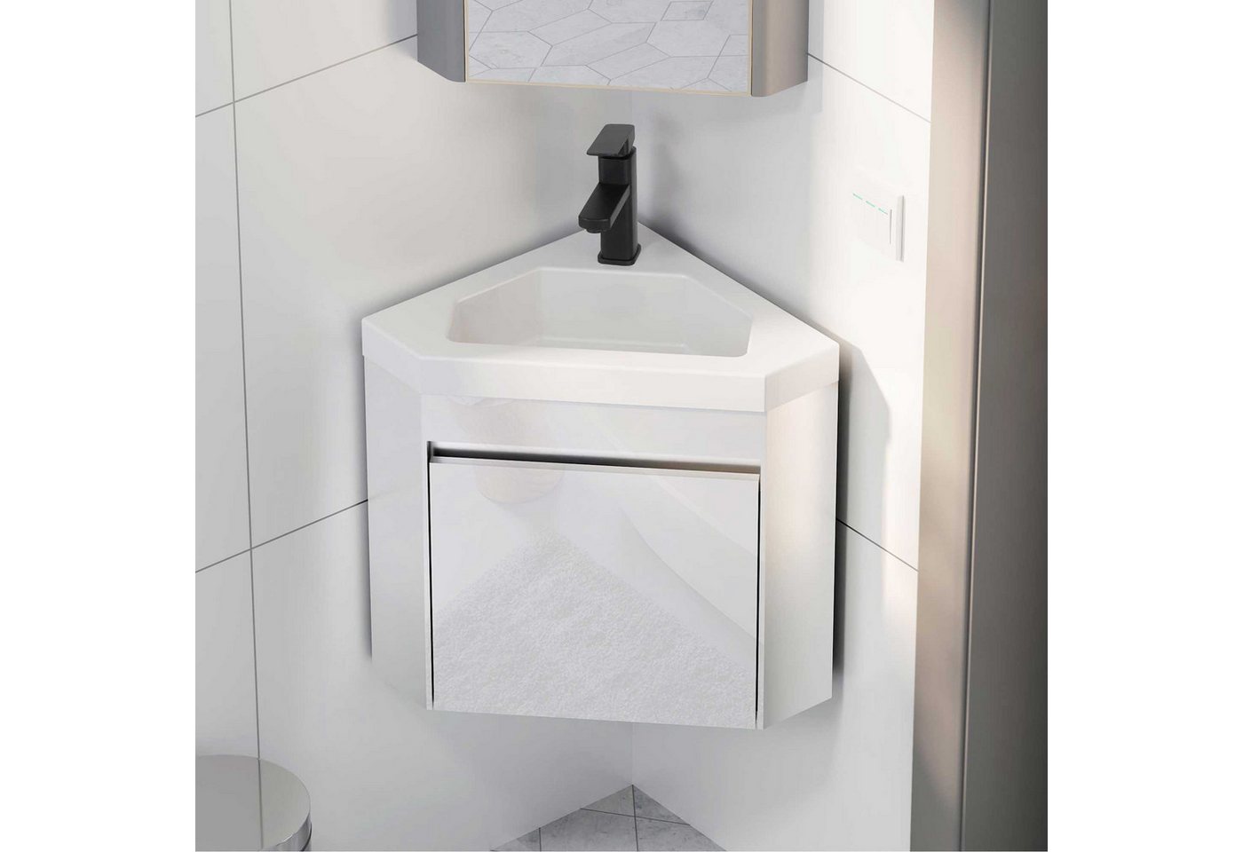 UEV Waschtisch mit Unterschrank, Gäste WC Waschplatz, Eckschrank (Gäste Bad Möbel, Badzimmerschrank modern mit Wasserhahn und Pop-up-Ablassventil), Badmöbel set – Bild 2 von 5