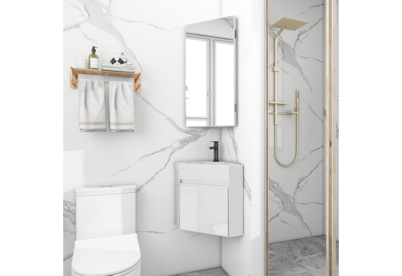 UEV Waschtisch mit Unterschrank, Gäste WC Waschplatz, Eckschrank (Gäste Bad Möbel, Badzimmerschrank modern mit Wasserhahn und Pop-up-Ablassventil), Badmöbel set – Bild 3 von 5