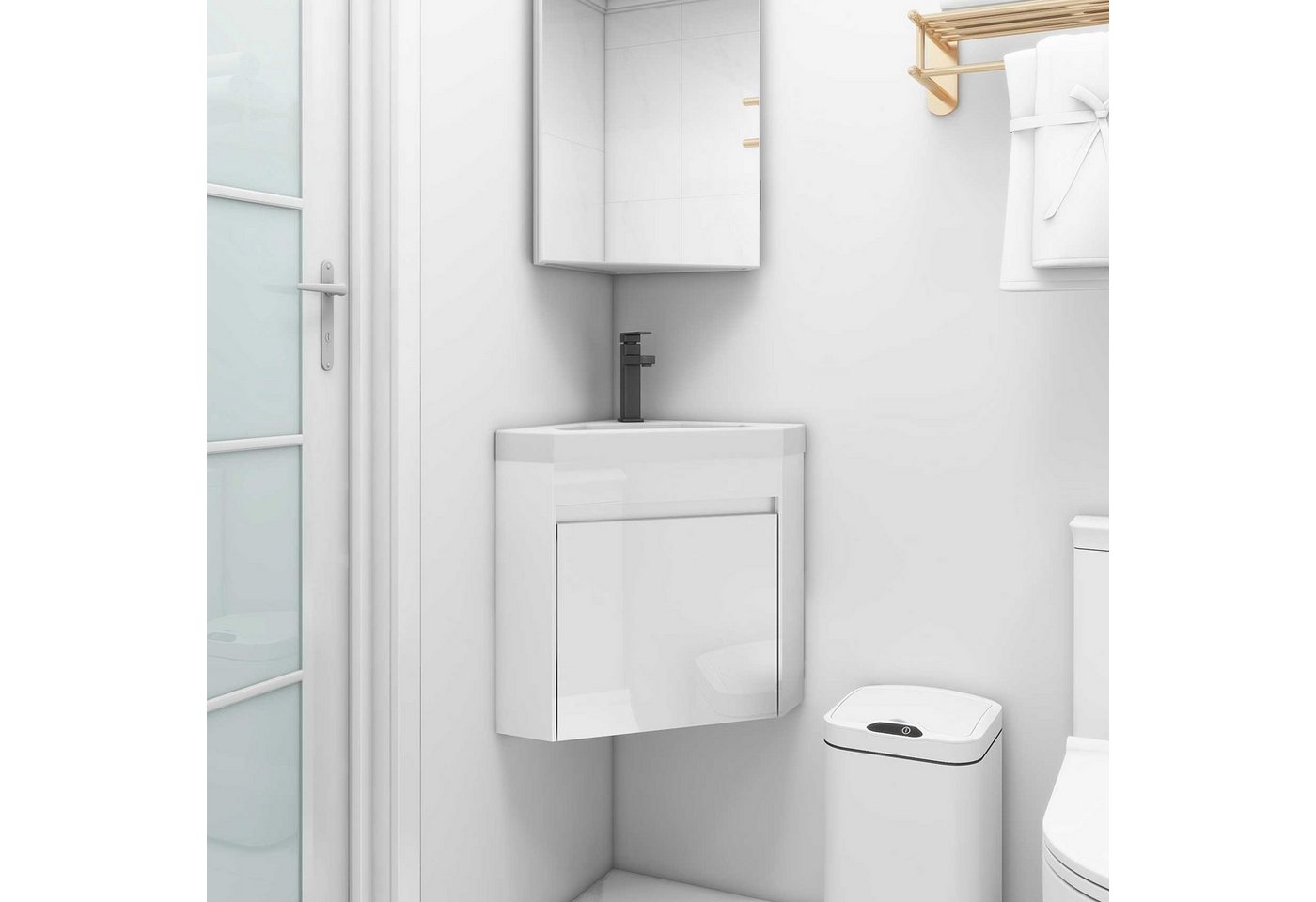 UEV Waschtisch mit Unterschrank, Gäste WC Waschplatz, Eckschrank (Gäste Bad Möbel, Badzimmerschrank modern mit Wasserhahn und Pop-up-Ablassventil), Badmöbel set – Bild 4 von 5