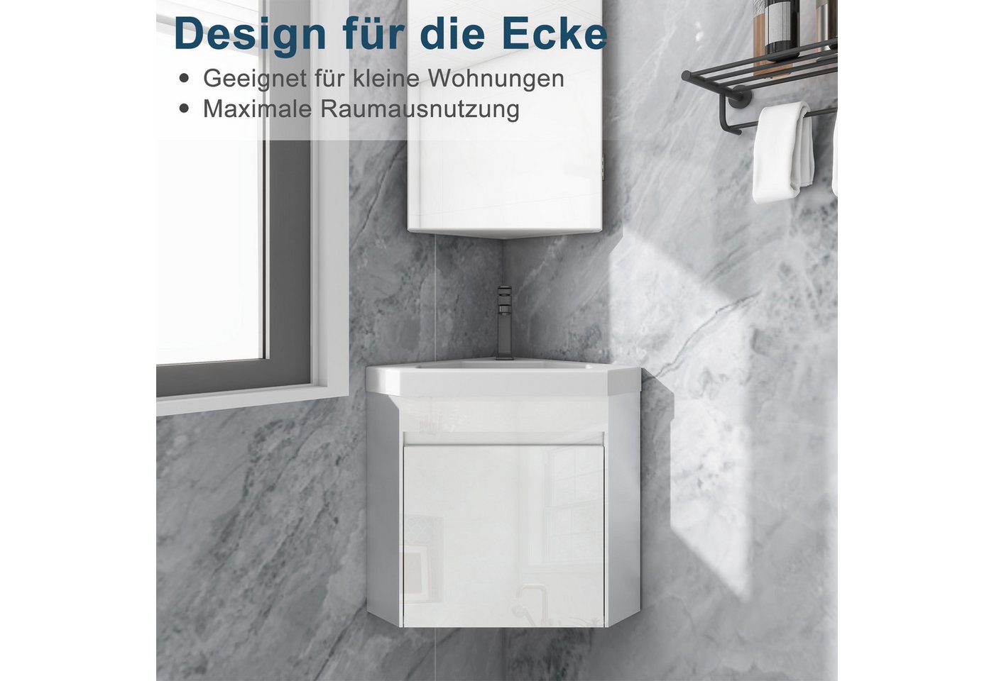 UEV Waschtisch mit Unterschrank, Gäste WC Waschplatz, Eckschrank (Gäste Bad Möbel, Badzimmerschrank modern mit Wasserhahn und Pop-up-Ablassventil), Badmöbel set – Bild 5 von 5