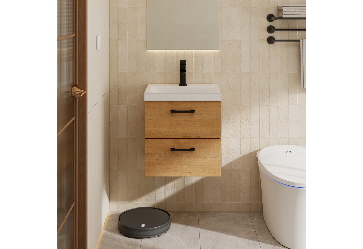 UEV Waschtisch Waschtisch mit Unterschrank 50cm, Gäste-WC Waschtisch (mit Armatur, Badmöbel, Waschschrank), Badezimmerschrank mit Zwei Schubladen und Soft-Close – Bild 3 von 5