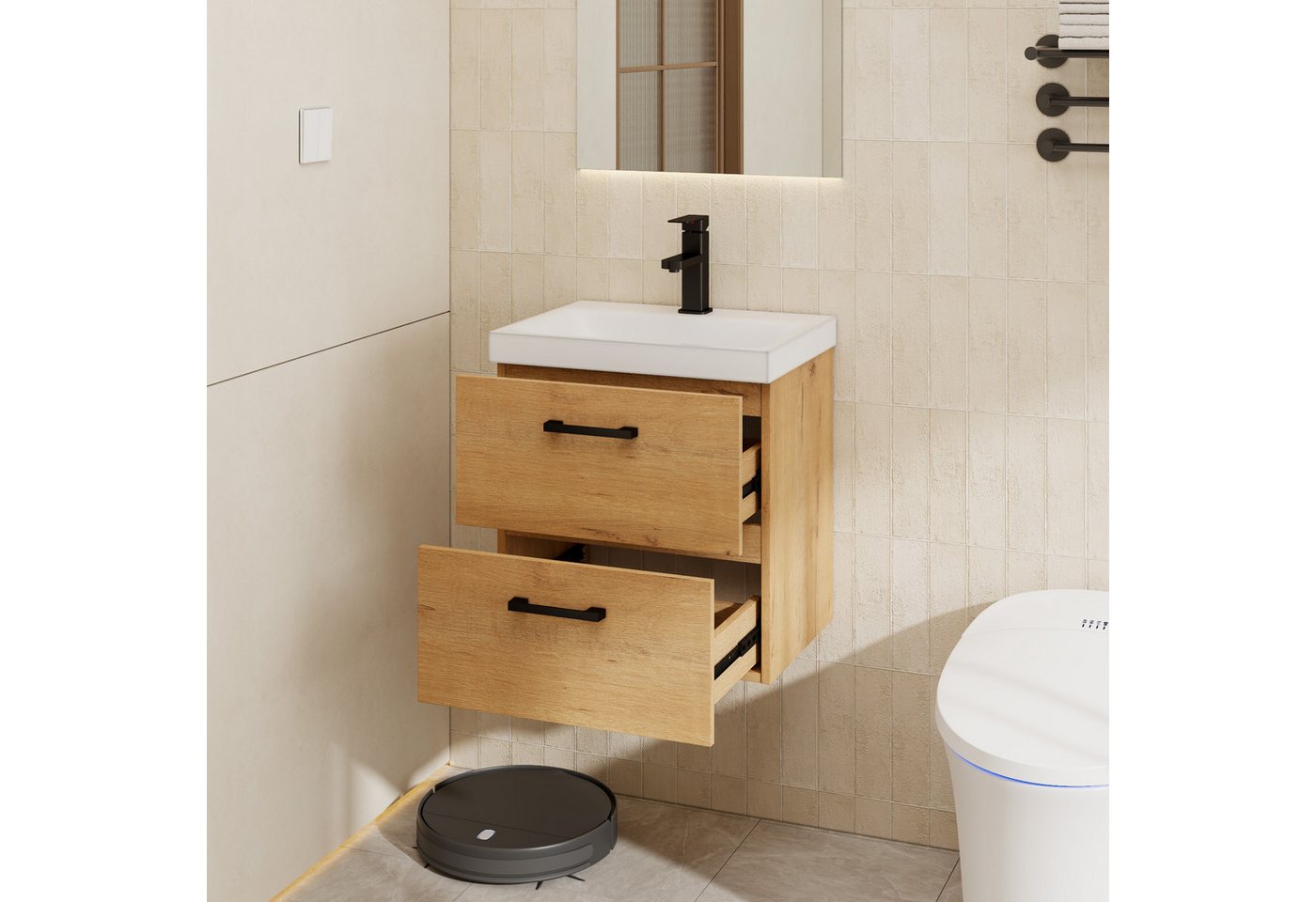 UEV Waschtisch Waschtisch mit Unterschrank 50cm, Gäste-WC Waschtisch (mit Armatur, Badmöbel, Waschschrank), Badezimmerschrank mit Zwei Schubladen und Soft-Close – Bild 4 von 5