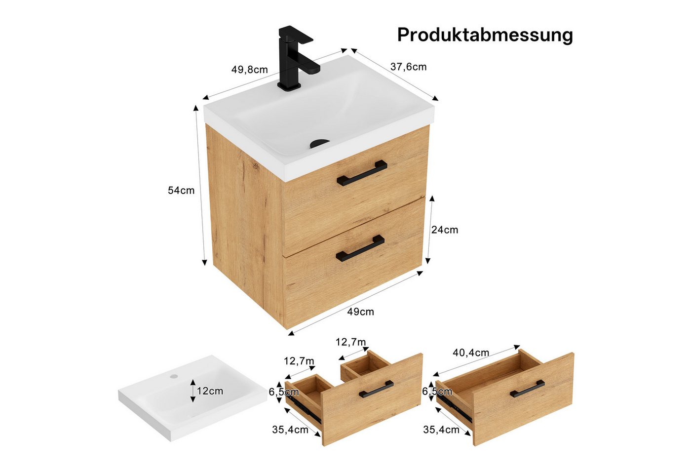UEV Waschtisch Waschtisch mit Unterschrank 50cm, Gäste-WC Waschtisch (mit Armatur, Badmöbel, Waschschrank), Badezimmerschrank mit Zwei Schubladen und Soft-Close – Bild 5 von 5