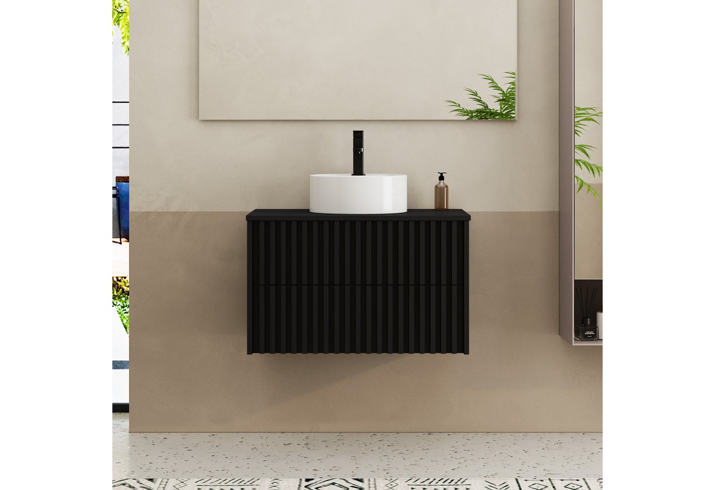 UEV Waschtisch mit Unterschrank hängend Rundes Keramikwaschbecken (Komplett-Set Badmöbel, Badezimmmer Schrank, mit Wasserhahn und Pop-up-Ablassventil Aufsatz-Wa – Bild 2 von 5