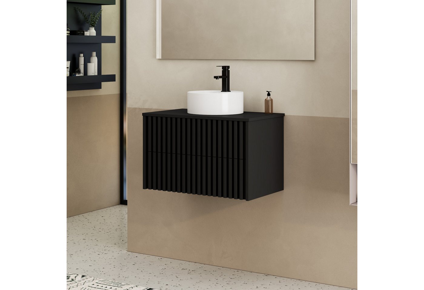UEV Waschtisch mit Unterschrank hängend Rundes Keramikwaschbecken (Komplett-Set Badmöbel, Badezimmmer Schrank, mit Wasserhahn und Pop-up-Ablassventil Aufsatz-Wa – Bild 3 von 5
