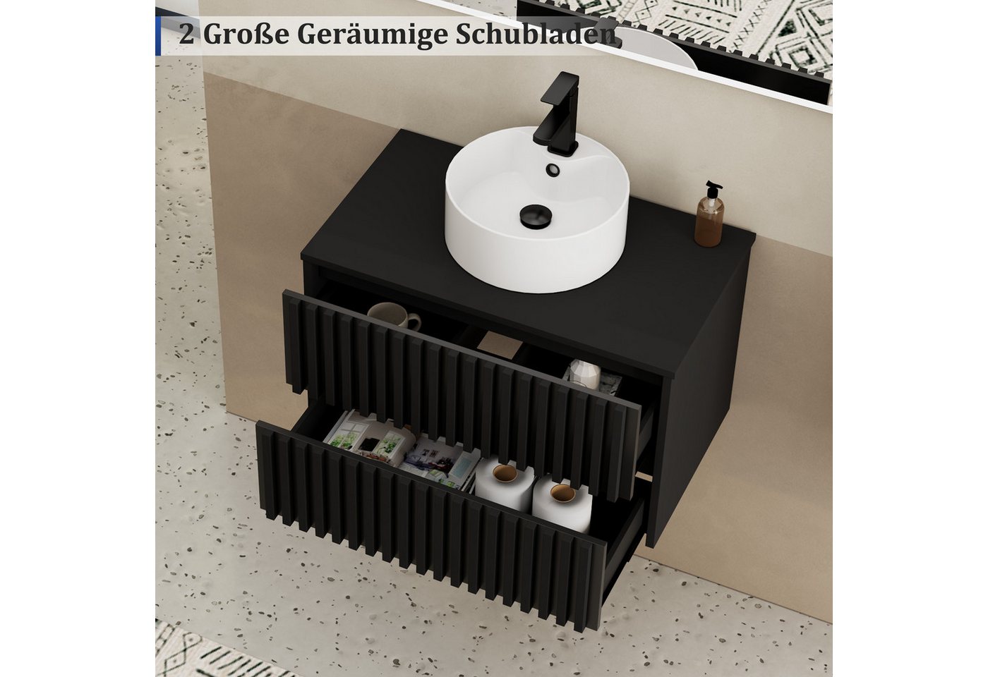 UEV Waschtisch mit Unterschrank hängend Rundes Keramikwaschbecken (Komplett-Set Badmöbel, Badezimmmer Schrank, mit Wasserhahn und Pop-up-Ablassventil Aufsatz-Wa – Bild 5 von 5