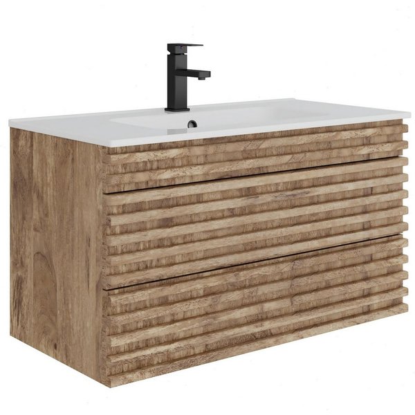 UEV Waschtisch mit Unterschrank, natur, 60cm/75cm/90cm hängend, Badezimmerschrank (Waschtischunterschrank, Badmöbel für Gäste WC, Natur, mit Wasserhahn und Pop-