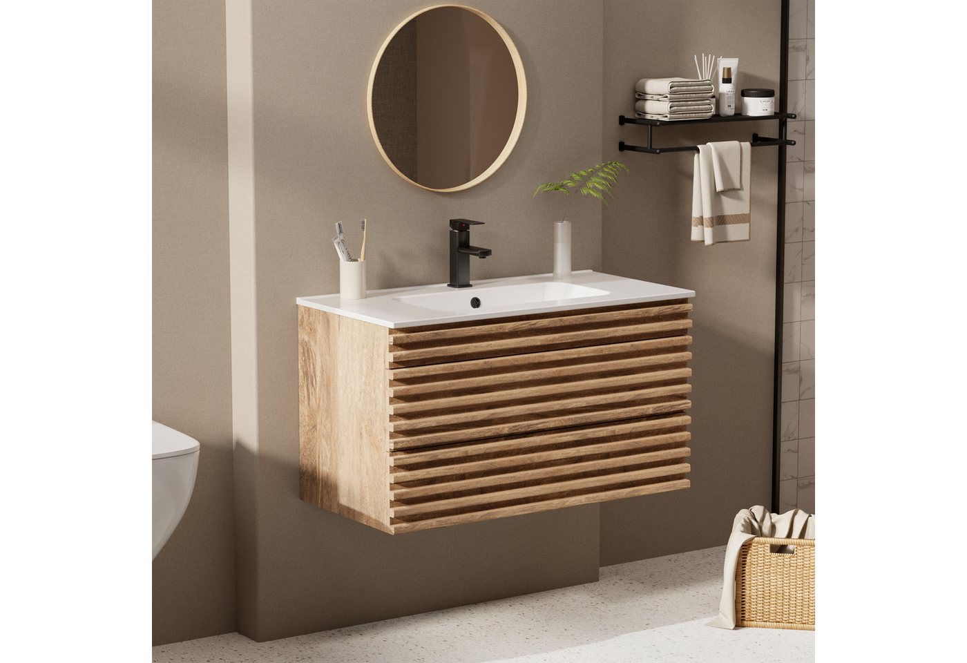 UEV Waschtisch mit Unterschrank, natur, 60cm/75cm/90cm hängend, Badezimmerschrank (Waschtischunterschrank, Badmöbel für Gäste WC, Natur, mit Wasserhahn und Pop- – Bild 2 von 5