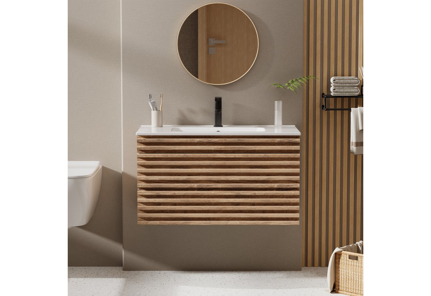 UEV Waschtisch mit Unterschrank, natur, 60cm/75cm/90cm hängend, Badezimmerschrank (Waschtischunterschrank, Badmöbel für Gäste WC, Natur, mit Wasserhahn und Pop- – Bild 3 von 5