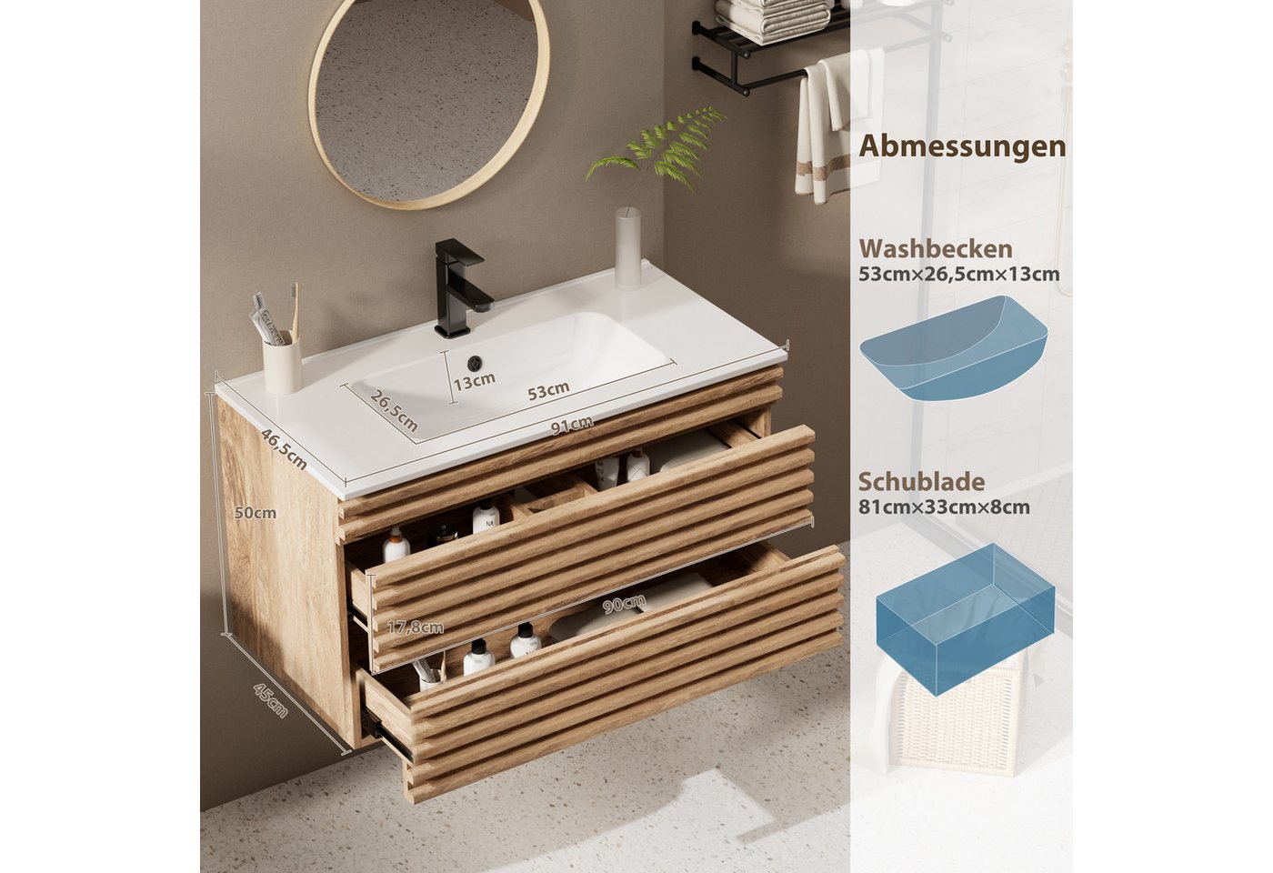 UEV Waschtisch mit Unterschrank, natur, 60cm/75cm/90cm hängend, Badezimmerschrank (Waschtischunterschrank, Badmöbel für Gäste WC, Natur, mit Wasserhahn und Pop- – Bild 4 von 5