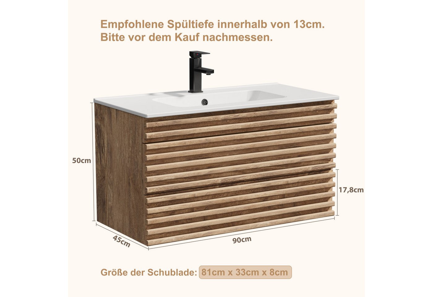 UEV Waschtisch mit Unterschrank, natur, 60cm/75cm/90cm hängend, Badezimmerschrank (Waschtischunterschrank, Badmöbel für Gäste WC, Natur, mit Wasserhahn und Pop- – Bild 5 von 5