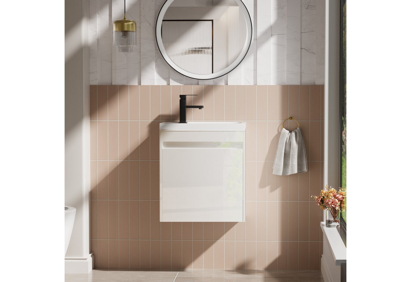 UEV Waschtisch Waschbecken klein mit Unterschrank set, Badmöbel Gäste-WC (Waschbecken mit Schrank, Unterschrank mit Harzbecken und Wasserhahn), Breit 40,6cm, Wa – Bild 2 von 5