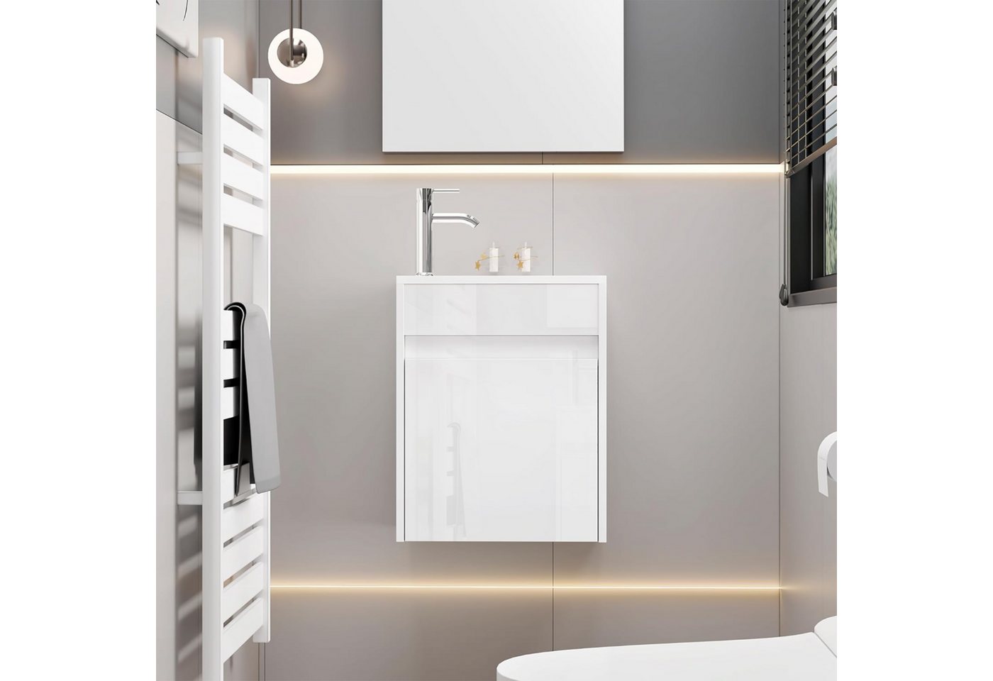 UEV Waschtisch Waschbecken klein mit Unterschrank set, Badmöbel Gäste-WC (Waschbecken mit Schrank, Unterschrank mit Harzbecken und Wasserhahn), Breit 40,6cm, Wa – Bild 3 von 5