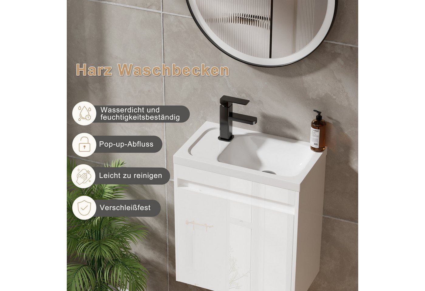 UEV Waschtisch Waschbecken klein mit Unterschrank set, Badmöbel Gäste-WC (Waschbecken mit Schrank, Unterschrank mit Harzbecken und Wasserhahn), Breit 40,6cm, Wa – Bild 5 von 5