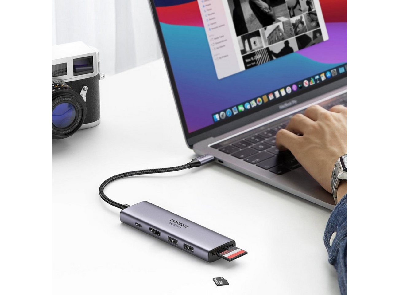 UGREEN Speicherkartenleser Multifunktions-HUB USB Typ C 2x USB HDMI 4K 60Hz PD 100W grau – Bild 4 von 5