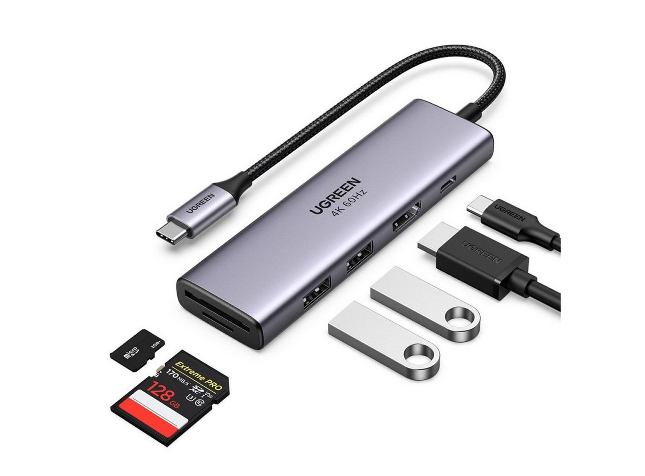 UGREEN Speicherkartenleser Multifunktions-HUB USB Typ C 2x USB HDMI 4K 60Hz PD 100W grau – Bild 5 von 5