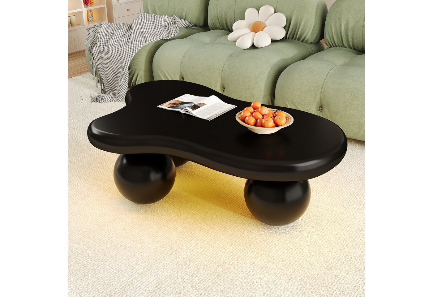 Ulife Couchtisch aus Holz, Wohnzimmertisch, mit LED-Beleuchtung, 16 Farben wählbar, Wolkenform+kugelförmige Tischbeine, 95x62,5x32cm, Schwarz – Bild 4 von 5