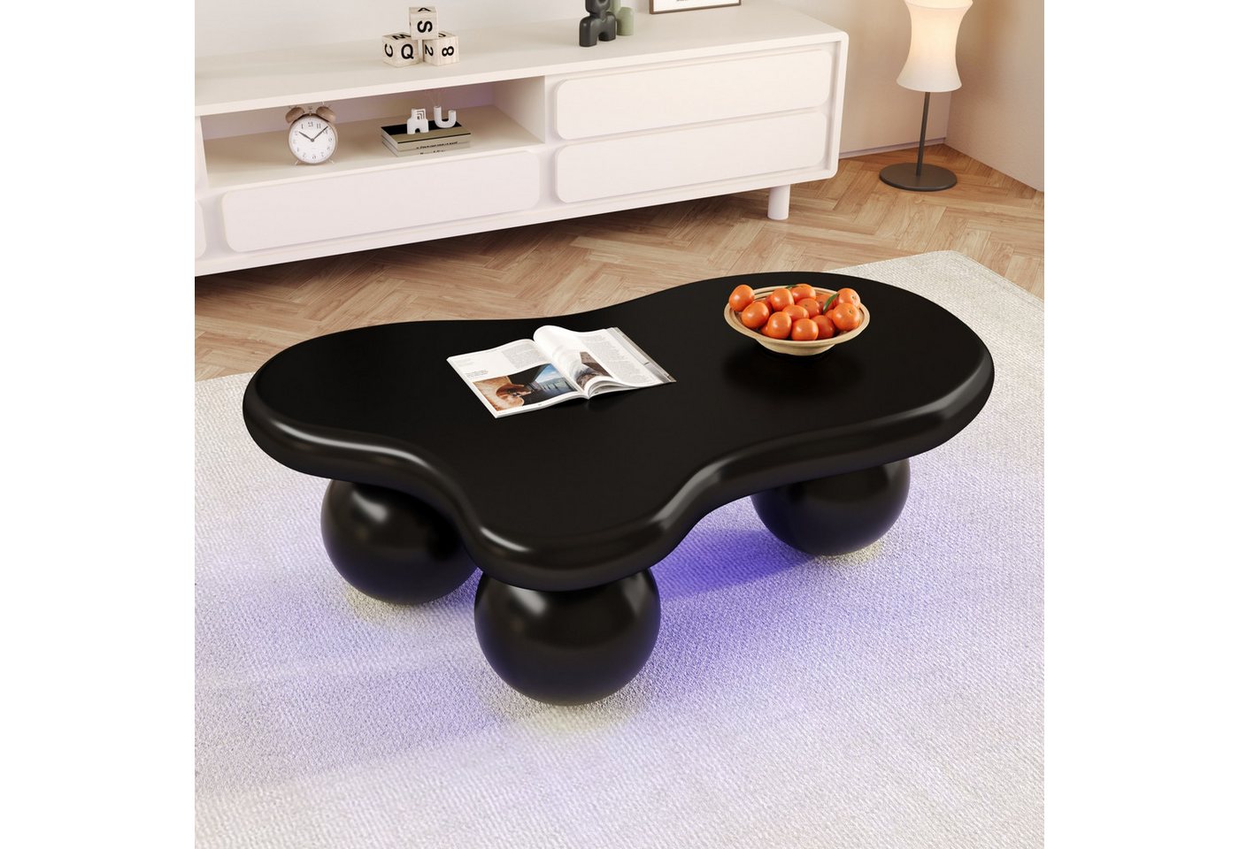 Ulife Couchtisch aus Holz, Wohnzimmertisch, mit LED-Beleuchtung, 16 Farben wählbar, Wolkenform+kugelförmige Tischbeine, 95x62,5x32cm, Schwarz – Bild 5 von 5