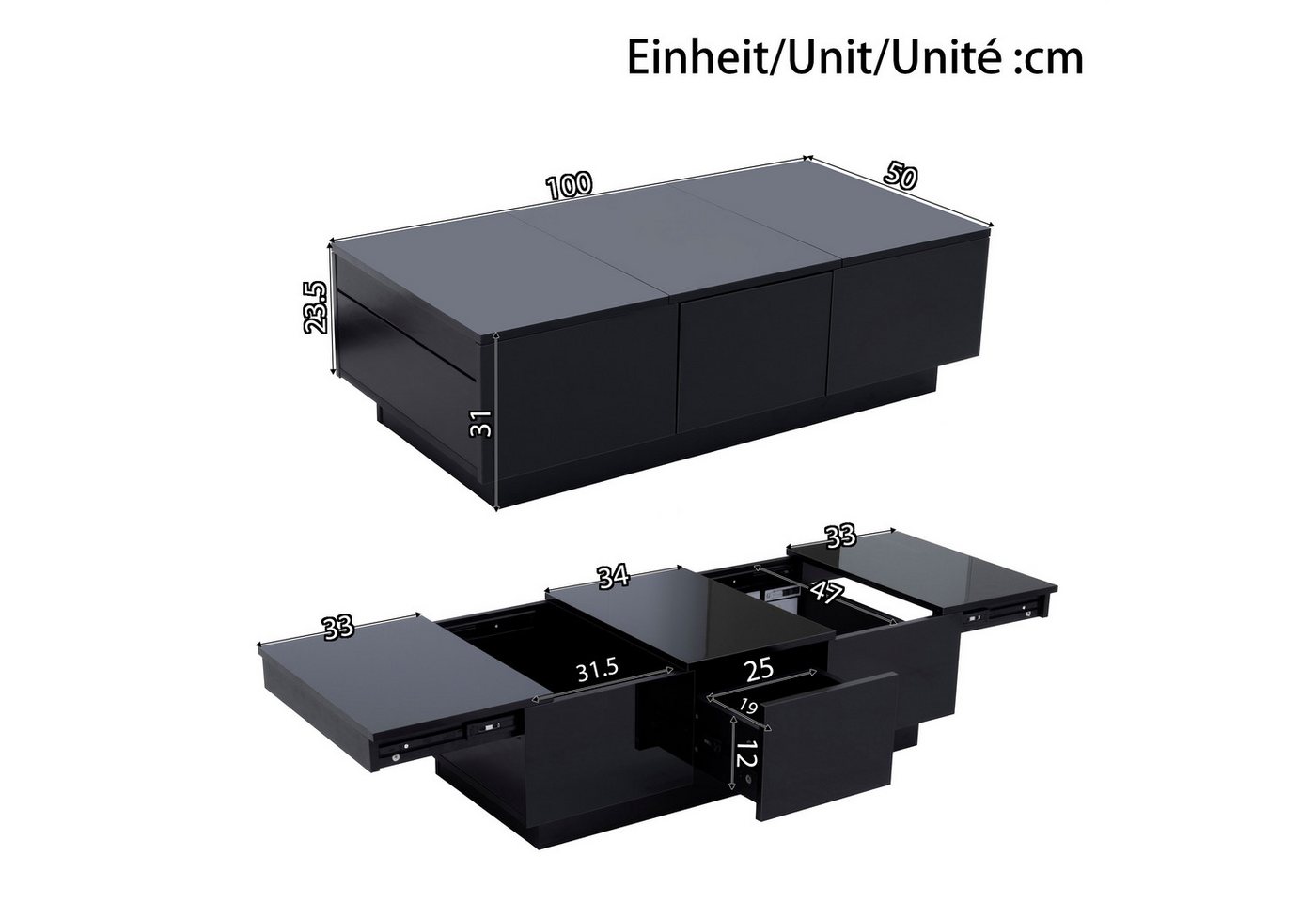 Ulife Couchtisch Moderner Couchtisch Hochglanz Schwarz mit Schubladen (1-St), Rechteckig, großes Stauraum, Schiebefach, pflegeleicht, stilvoll – Bild 2 von 5