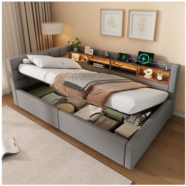 Ulife Daybett mit dimmbarer LED‑Leiste, praktischem Regal, Tagesbett, Schlafsofa, Hydraulische Lagerung mit USB‑Anschluss, 90 x 200 cm