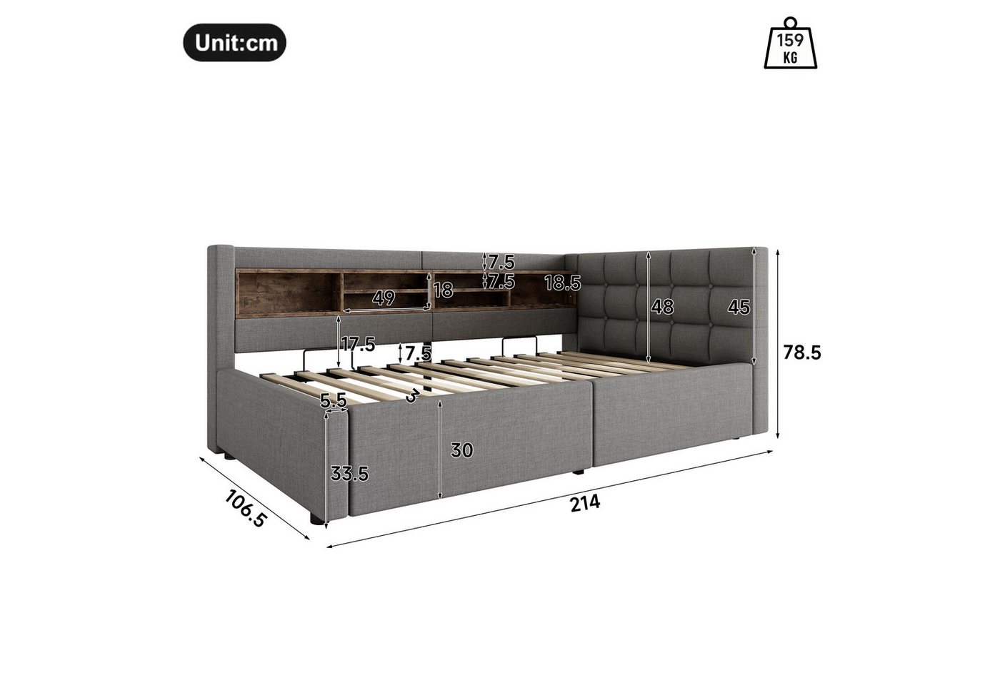 Ulife Daybett mit dimmbarer LED‑Leiste, praktischem Regal, Tagesbett, Schlafsofa, Hydraulische Lagerung mit USB‑Anschluss, 90 x 200 cm – Bild 2 von 5