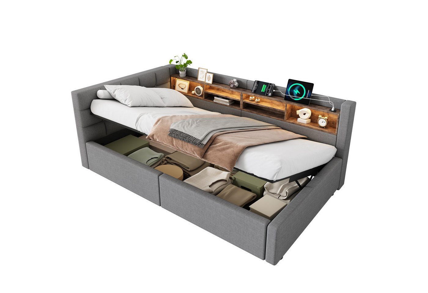 Ulife Daybett mit dimmbarer LED‑Leiste, praktischem Regal, Tagesbett, Schlafsofa, Hydraulische Lagerung mit USB‑Anschluss, 90 x 200 cm – Bild 3 von 5