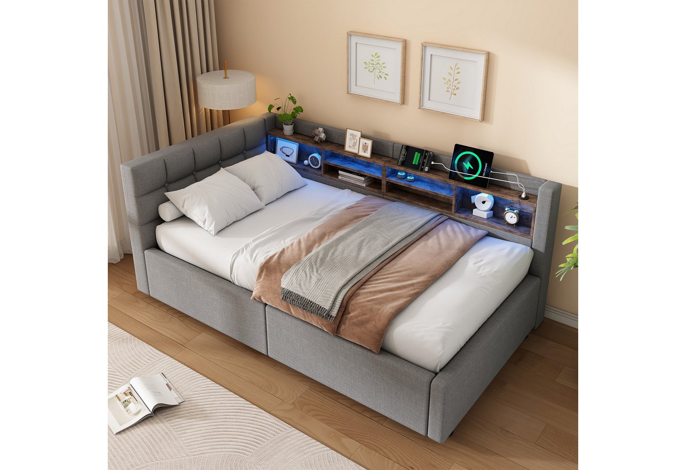 Ulife Daybett mit dimmbarer LED‑Leiste, praktischem Regal, Tagesbett, Schlafsofa, Hydraulische Lagerung mit USB‑Anschluss, 90 x 200 cm – Bild 4 von 5