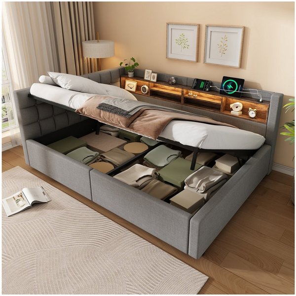 Ulife Daybett mit dimmbarer LED‑Leiste, praktischem Regal, Tagesbett, Schlafsofa, Hydraulische Lagerung mit USB‑Anschluss, 140 x 200 cm