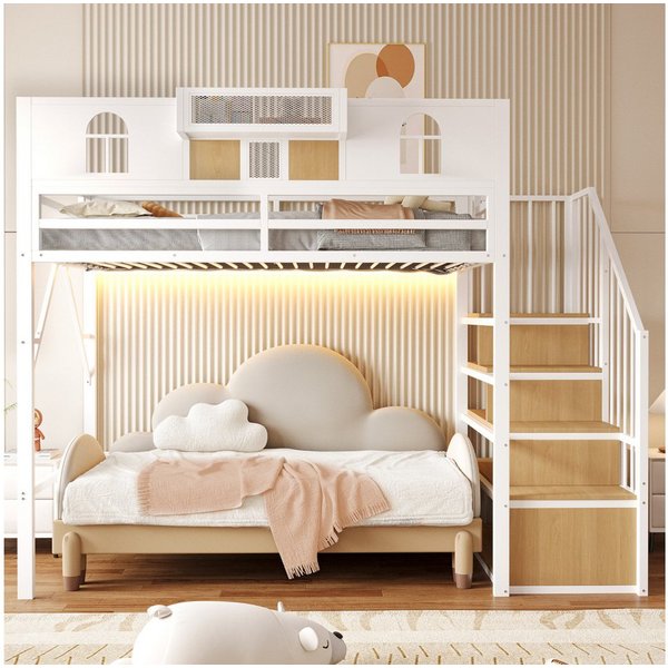 Ulife Hochbett 90 x 200 cm, Mit Stauraumleiter und Lichtleiste, Ablagefach, Fenster (3-St) Holzplatten und Metallgitterelementen, Erhöhte Umzäunung, Weiß