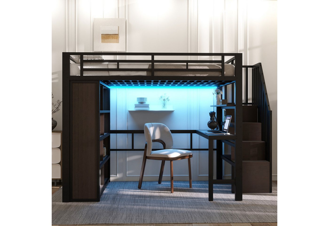 Ulife Hochbett Eisenrahmen, mit Schreibtisch, Ablagefach, LED-Lichtleiste (4-St) Treppenkonstruktionen mit Stauraum – Bild 3 von 5