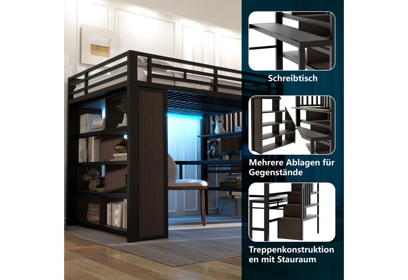 Ulife Hochbett Eisenrahmen, mit Schreibtisch, Ablagefach, LED-Lichtleiste (4-St) Treppenkonstruktionen mit Stauraum – Bild 5 von 5