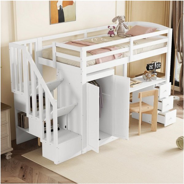 Ulife Hochbett für Kinder, 90x200cm, Kinderbett mit Schreibtisch & Kleiderschrank (1-St., Ohne Matratze) mit Treppe,Stauraum, stabil & ideal für Kinder- und Jug