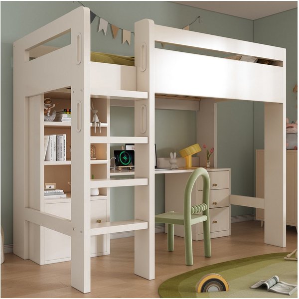 Ulife Hochbett Kinderbtt mit USB-C Schreibtisch, Kleiderschrank und Aktenschrank Jugendbett Einzelbett mit Treppe und Lattenrost, 90x200cm