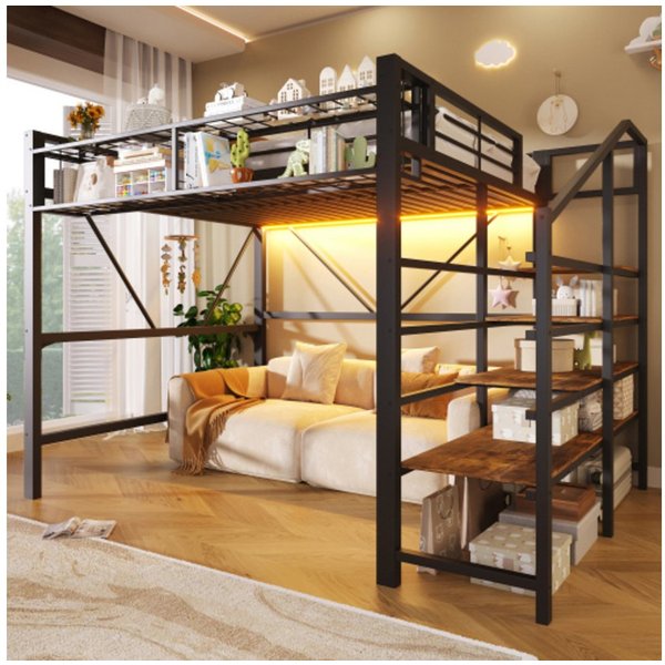 Ulife Hochbett Metallbett, Ablage mit Stufen, Gitterelemente, Aufbewahrungskorb (2-St) offener Stauraum unter dem Bett, mit LED-Lichtleiste