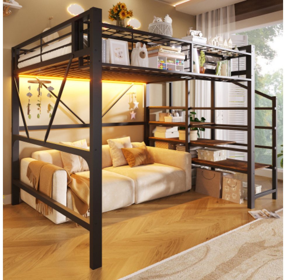 Ulife Hochbett Metallbett, Ablage mit Stufen, Gitterelemente, Aufbewahrungskorb (2-St) offener Stauraum unter dem Bett, mit LED-Lichtleiste – Bild 3 von 5