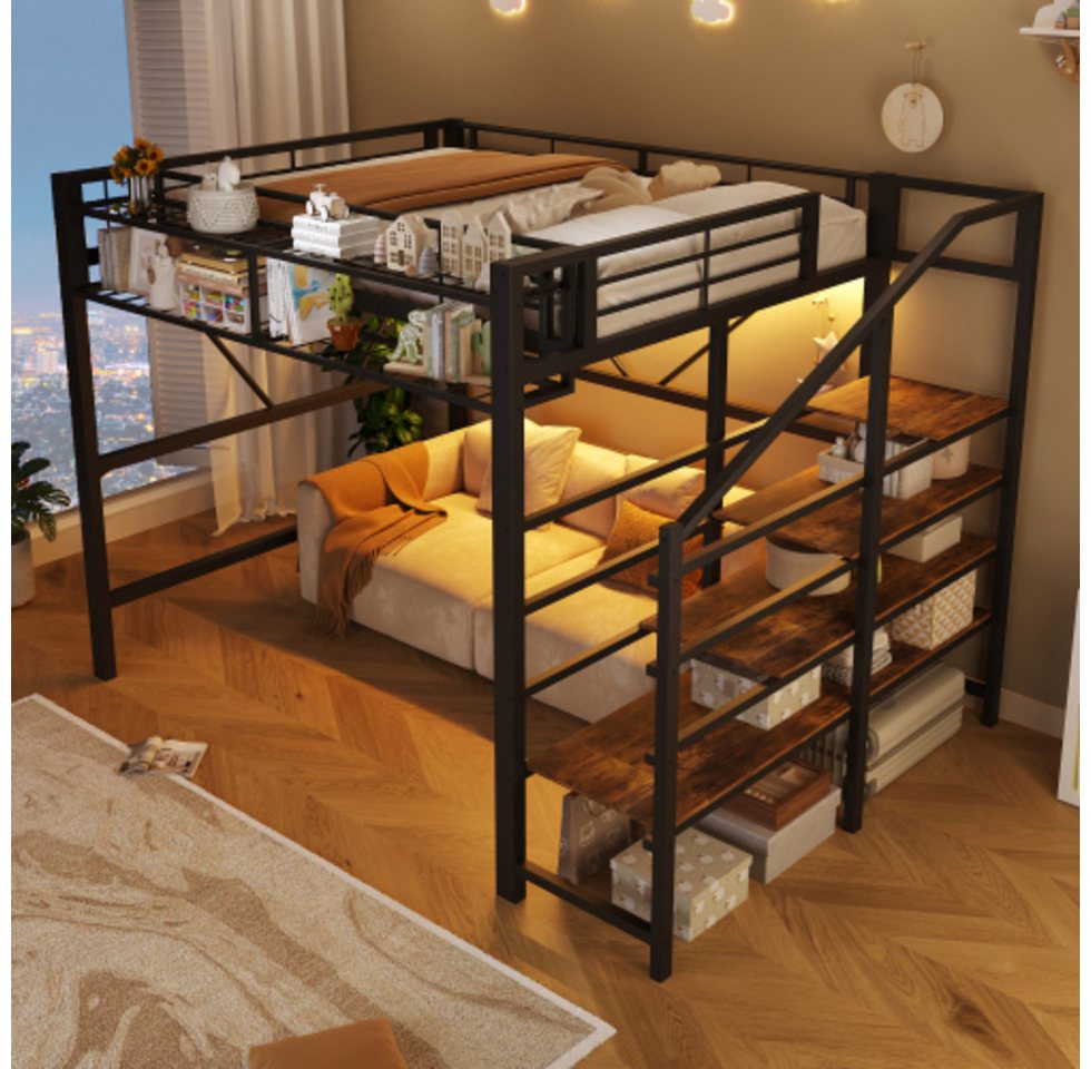 Ulife Hochbett Metallbett, Ablage mit Stufen, Gitterelemente, Aufbewahrungskorb (2-St) offener Stauraum unter dem Bett, mit LED-Lichtleiste – Bild 4 von 5
