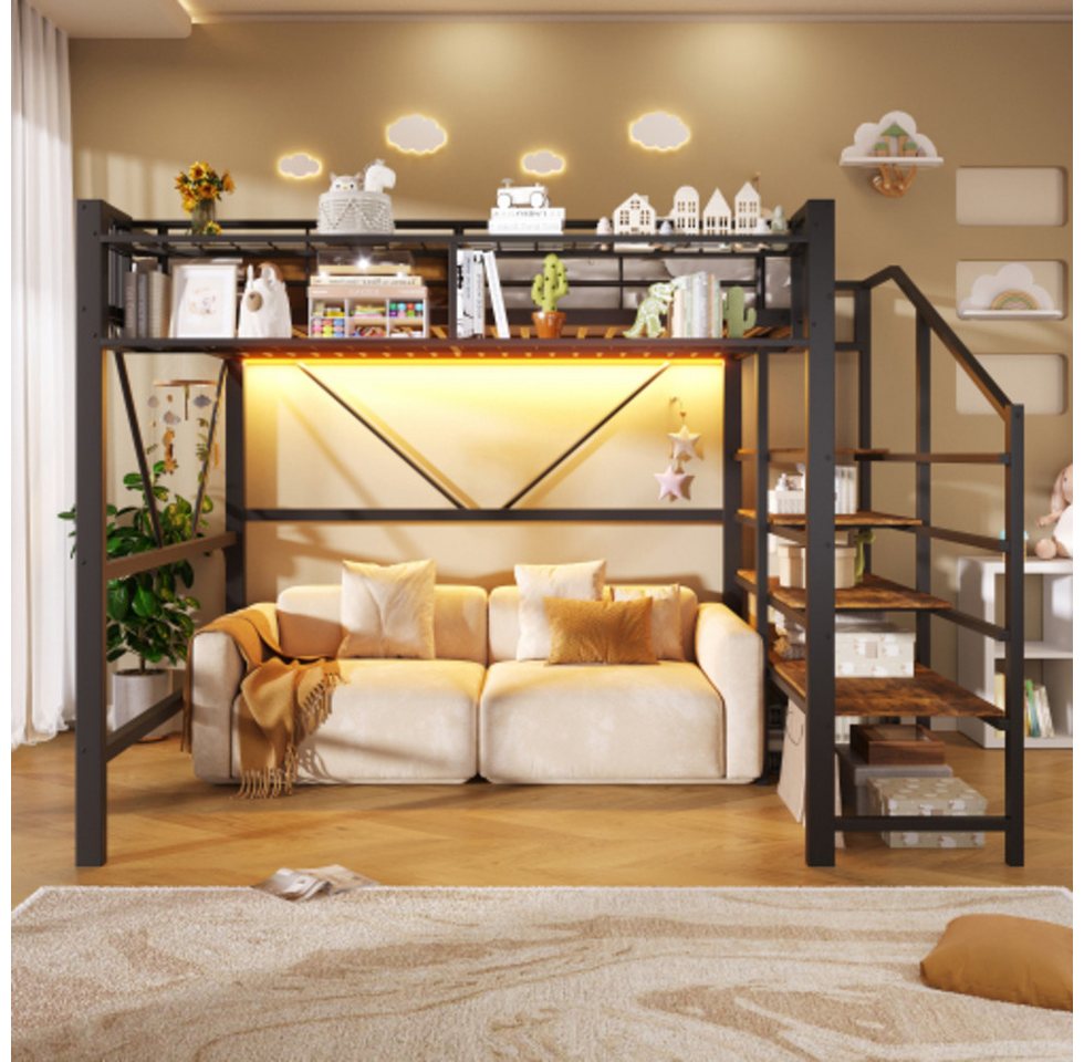 Ulife Hochbett Metallbett, Ablage mit Stufen, Gitterelemente, Aufbewahrungskorb (2-St) offener Stauraum unter dem Bett, mit LED-Lichtleiste – Bild 5 von 5