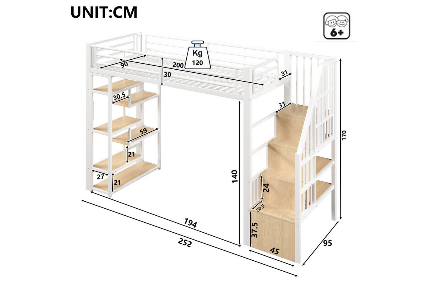 Ulife Hochbett mit Eisenrahmen, Ablagefach, integrierte Stufen, 90 x 200 cm – Bild 2 von 5