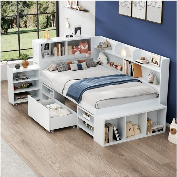 Ulife Kinderbett 90×200 & 140×200 cm mit Stauraum, L-förmiges Schlafsofa (Ohne Matratze), mit Schubladen, Bücherregal und Stauschrank, 90x200cm