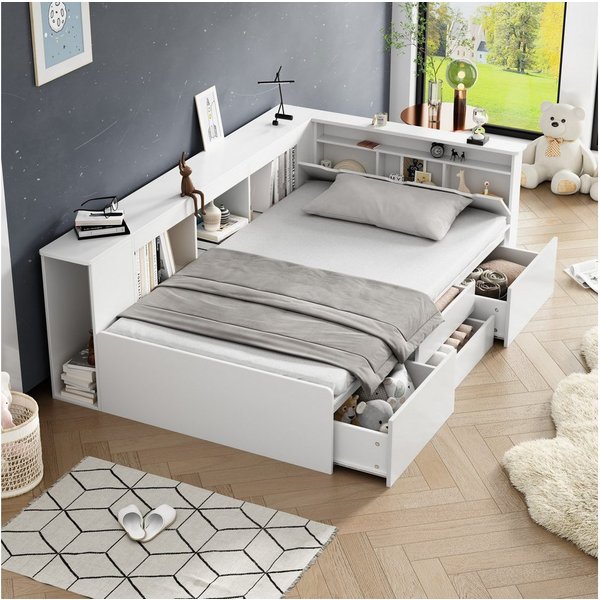 Ulife Kinderbett Jugendbett, Einzelbett mit Schubladen,Bücherregal und Stauschrank (Ohne Matratze), 90x200cm