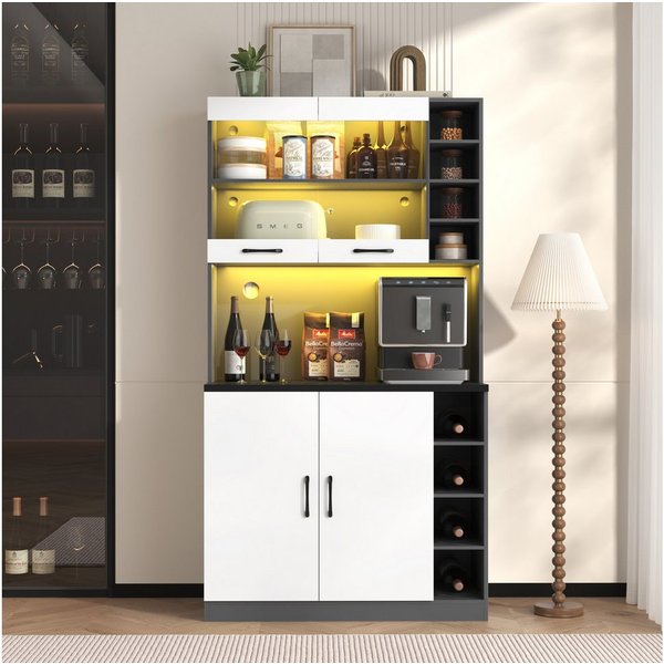 Ulife Küchenbuffet Küchenschrank, Buffet mit LED-Ambiente-Beleuchtung und Kabellöchern Küchen-Highboard aus Holz, viel Platz für Mikrowelle