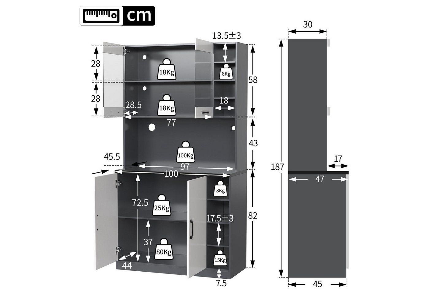Ulife Küchenbuffet Küchenschrank, Buffet mit LED-Ambiente-Beleuchtung und Kabellöchern Küchen-Highboard aus Holz, viel Platz für Mikrowelle – Bild 2 von 5
