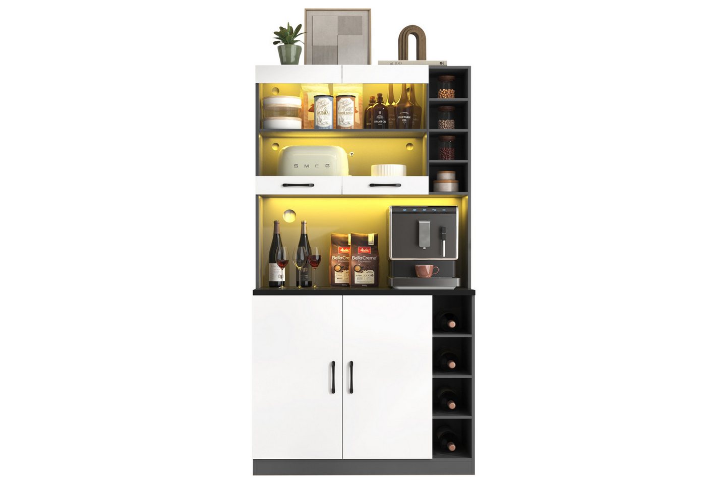 Ulife Küchenbuffet Küchenschrank, Buffet mit LED-Ambiente-Beleuchtung und Kabellöchern Küchen-Highboard aus Holz, viel Platz für Mikrowelle – Bild 3 von 5