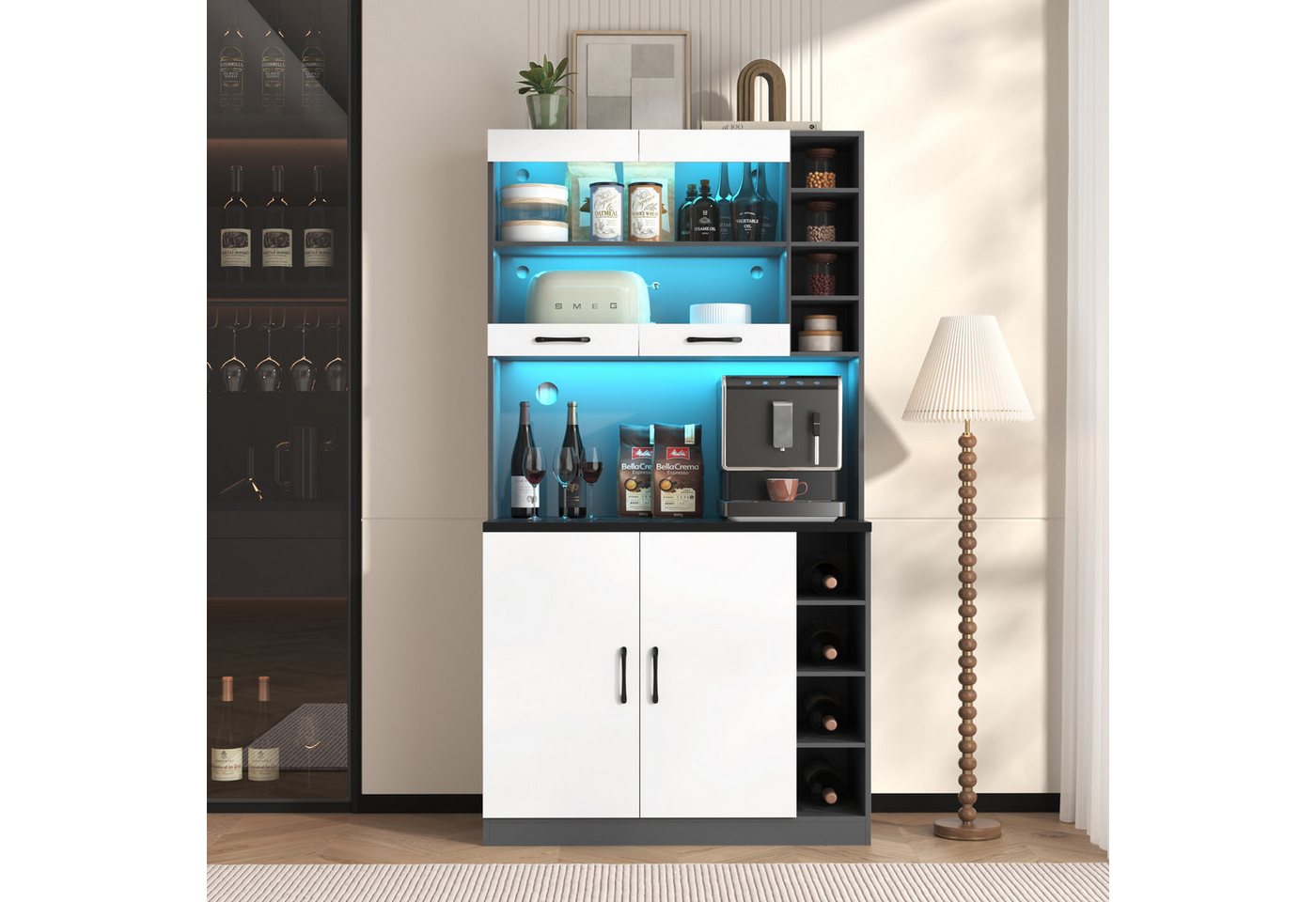 Ulife Küchenbuffet Küchenschrank, Buffet mit LED-Ambiente-Beleuchtung und Kabellöchern Küchen-Highboard aus Holz, viel Platz für Mikrowelle – Bild 4 von 5