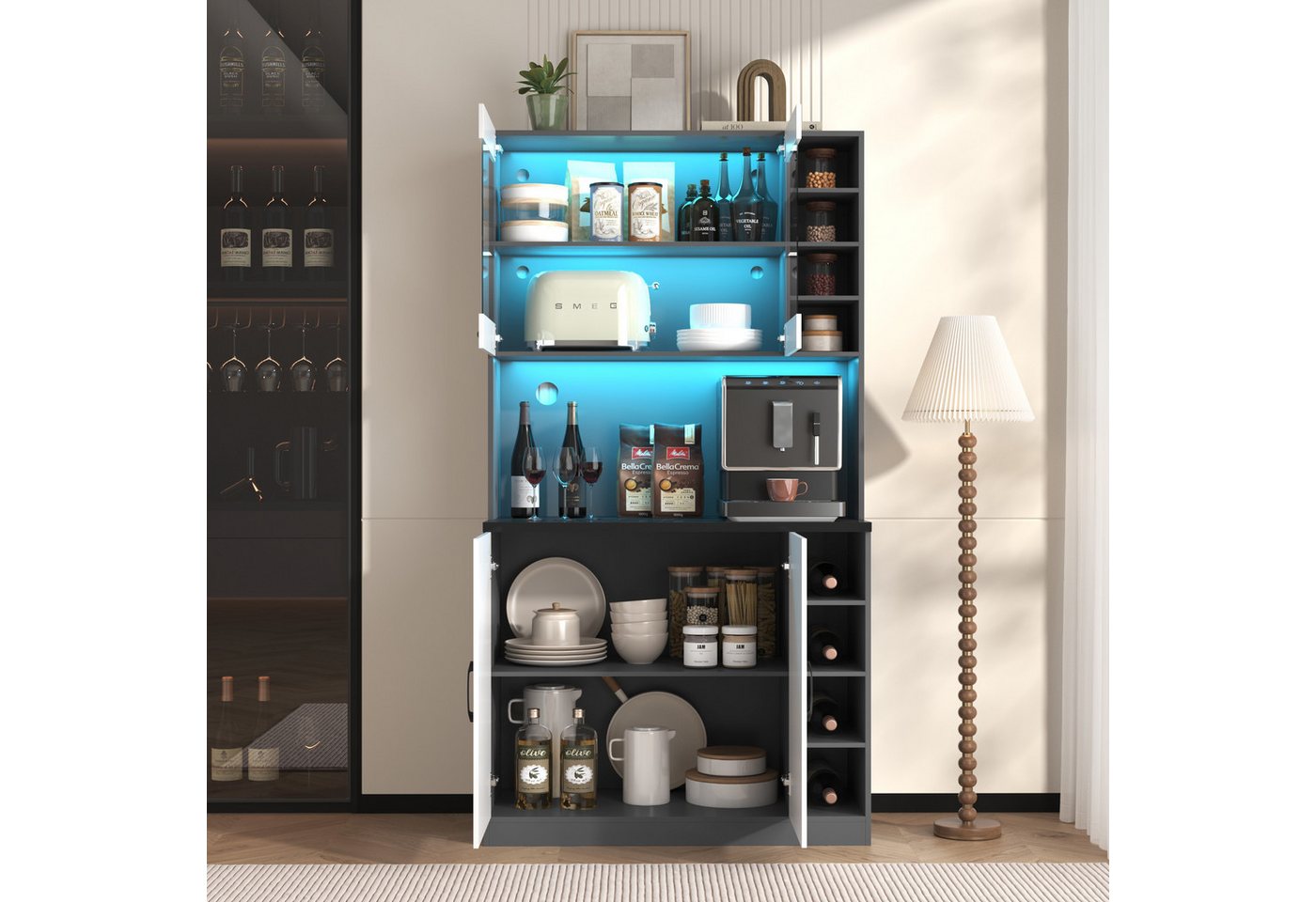 Ulife Küchenbuffet Küchenschrank, Buffet mit LED-Ambiente-Beleuchtung und Kabellöchern Küchen-Highboard aus Holz, viel Platz für Mikrowelle – Bild 5 von 5