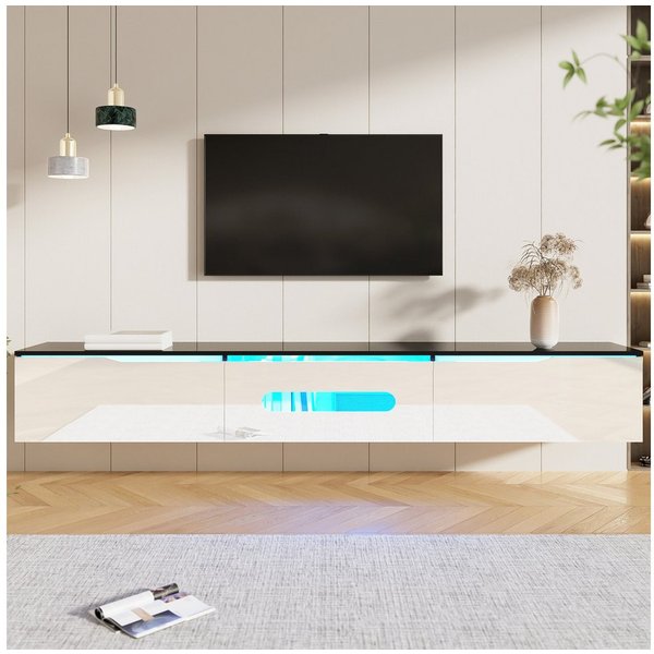 Ulife Lowboard TV hängend, TV-Schrank mit Hochglanzoberfläche, 180cm, wandmontierbar oder bodenmontierbar, mit 16-farbiger LED-Beleuchtung