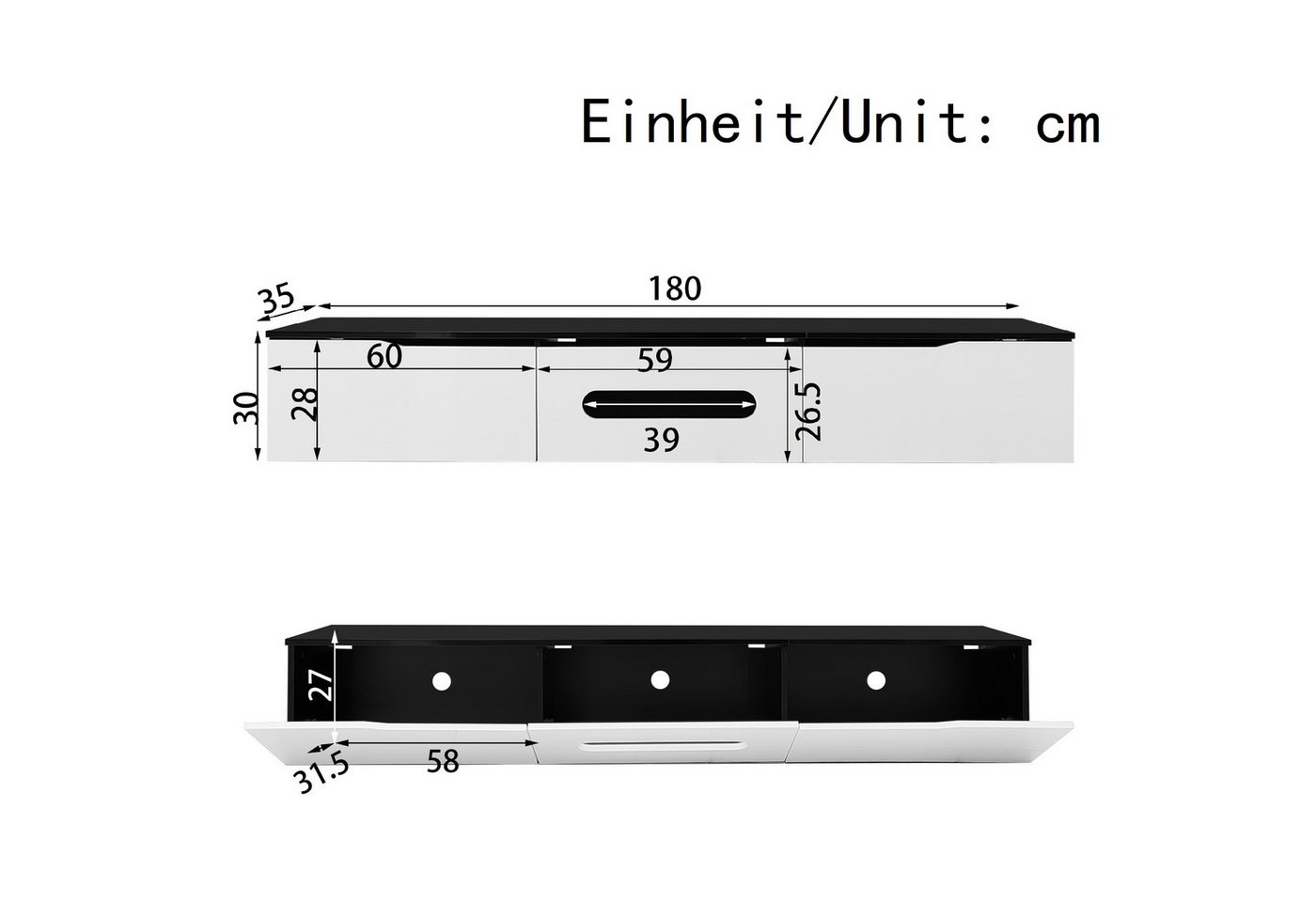 Ulife Lowboard TV hängend, TV-Schrank mit Hochglanzoberfläche, 180cm, wandmontierbar oder bodenmontierbar, mit 16-farbiger LED-Beleuchtung – Bild 2 von 5