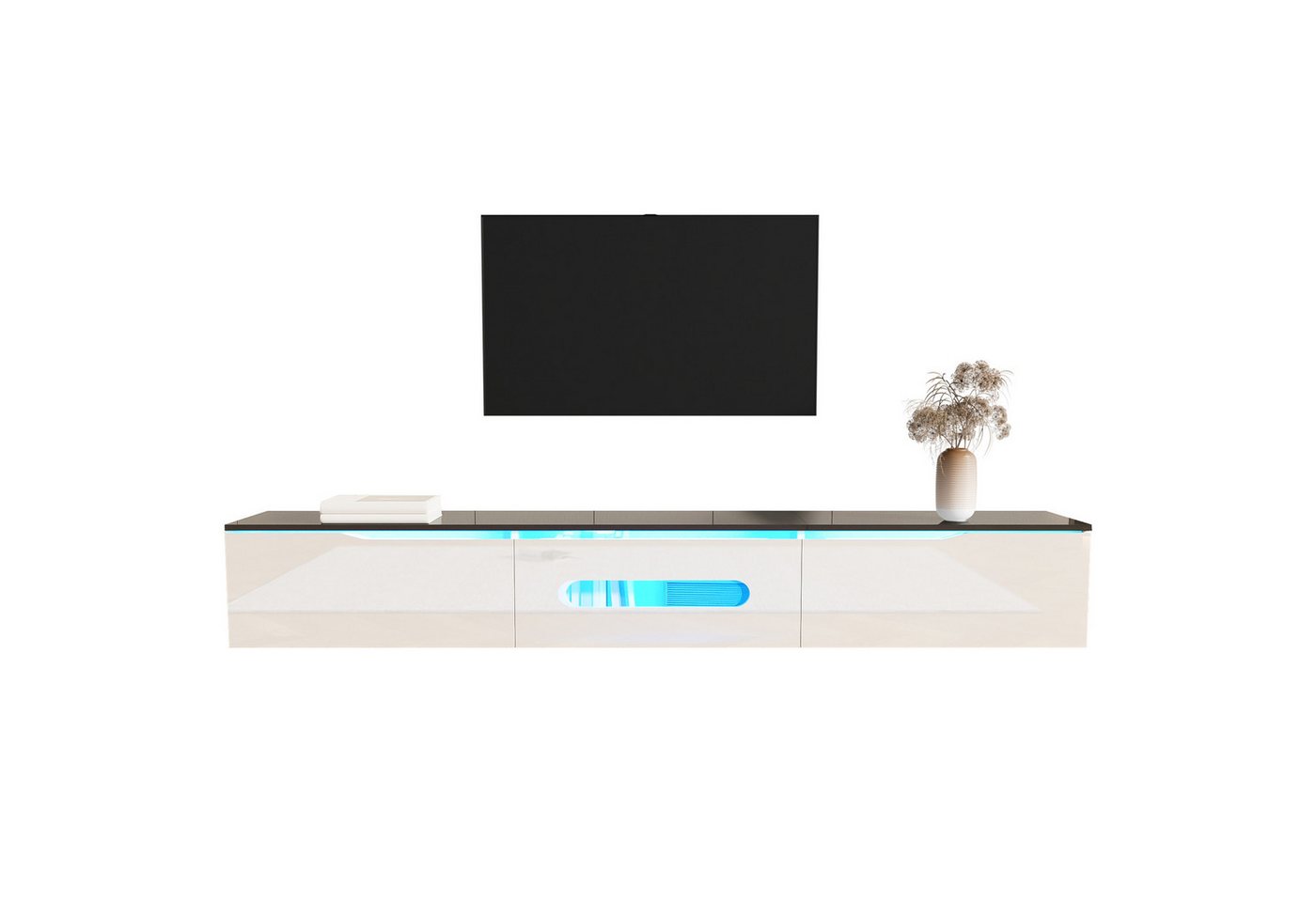 Ulife Lowboard TV hängend, TV-Schrank mit Hochglanzoberfläche, 180cm, wandmontierbar oder bodenmontierbar, mit 16-farbiger LED-Beleuchtung – Bild 3 von 5