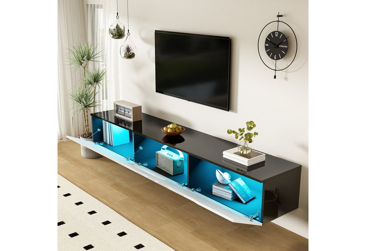 Ulife Lowboard TV hängend, TV-Schrank mit Hochglanzoberfläche, 180cm, wandmontierbar oder bodenmontierbar, mit 16-farbiger LED-Beleuchtung – Bild 4 von 5